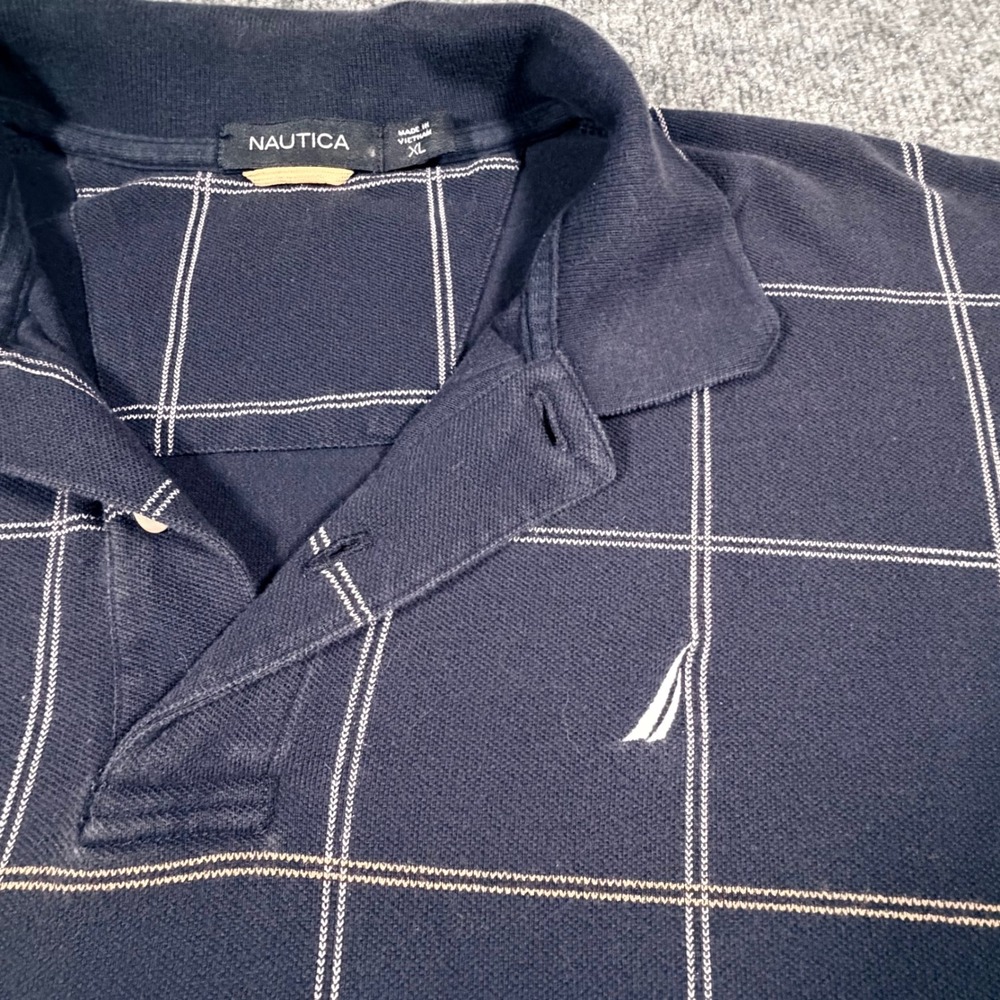 Nautica Mens XL Polo Shirt Navy Blue Windowpane Grid Plaid Cotton Short Sleeve